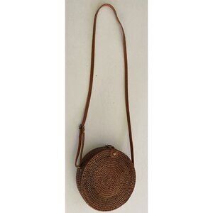 Wicker Woven Rattan Handbag Purse Brown Leather Crossbody Strap Round Retro.